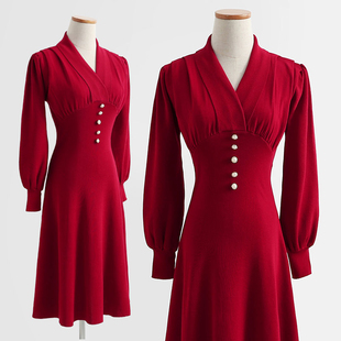 法式复古高贵优雅气质红色针织连衣裙长款仙女秋装2022年裙子
