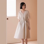 夏季连衣裙女短袖套头长裙宽松腰通勤纯色拼接设计感气质减龄显白