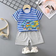 蓝色条纹纯棉婴幼儿童短袖t恤短裤套装夏季分体男女宝宝薄款衣服