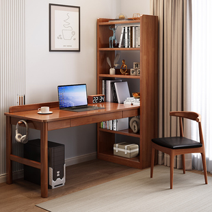 实木书桌书架书柜组合一体转角，学习写字桌，家用卧室靠窗电脑办公桌