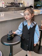 2022春秋女童韩版衬衫水蓝色娃娃衫黑色马甲背心裙连衣裙套装