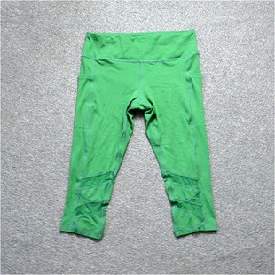 新年价瑜伽七分裤女士侧口袋弹力速干绿色，运动紧身中裤跑步涤纶