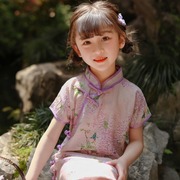 儿童旗袍长款苎麻洋气，紫色连衣裙夏季薄女童，古筝演出服中国风汉服