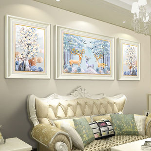 简欧大气沙发背景墙装饰画，客厅欧式三联画麋鹿，玄关壁画现代有框画
