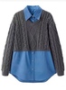 c014女装秋冬季毛衣拼接衬衣，时尚蓝色衬衣假两件外套上衣