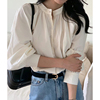 韩国chic春季法式气质圆领单排扣宽松休闲百搭泡泡袖白色衬衫上衣