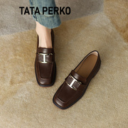 TATA PERKO联名复古英伦风粗跟单鞋女乐福鞋方头中跟小皮鞋