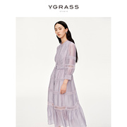 天丝莱赛尔vgrass镂空蕾丝，拼接浪漫连衣裙24年春季柔光紫色