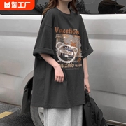 纯棉短袖t恤女夏季韩版慵懒风，设计感小众，chic港味上衣服螺纹印花