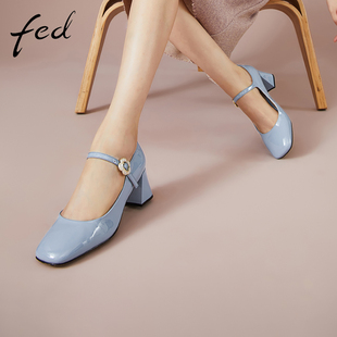 fed玛丽珍鞋2023年春季女鞋方头粗跟单鞋高跟鞋R0216-ZFB058