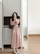 女茶歇法式复古正式场合质感感粉色长袖，连衣裙春夏款ya000054
