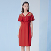 EMOO杨门夏季短袖连衣裙纯色通勤荷叶袖套头中长款红色裙高级感