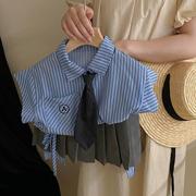 女童夏装衬衣儿童美式学院风套装宝宝翻领蓝条纹无袖短袖衬衫裙裤
