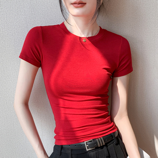红色圆领t恤女2024初春修身显瘦吸汗透气正肩衬衫，内搭短袖打底衫
