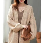 韩版休闲慵懒风纯色外搭针织开衫女秋季驼色长袖毛衣女中长款外套