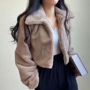 韩国chic秋冬法式减龄拉链，翻领保暖毛绒绒(毛绒绒)皮草外套女短款开衫外套