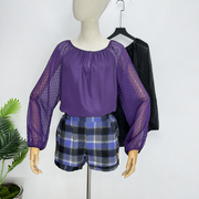 紫色一字领雪纺衫泡泡上衣春夏秋时尚设计感宽松遮肚性感透视衬衫