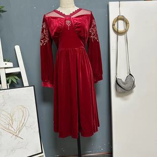 欧美大牌高级感金丝绒红色连衣裙洋气高档时尚轻奢刺绣裙子0223
