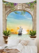 欧式风景窗户背景布墙壁装饰挂毯房屋改造客厅床头挂布竖款