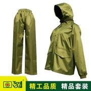 牛筋雨衣雨裤套装绿色加厚帆布成人分体上衣裤子，户外徒步工地防水