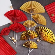 中国风折扇蛋糕装扮插件祝寿老人生日插牌寿桃祥云烫金扇子装饰品