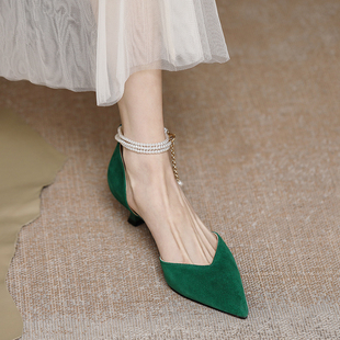 意大利grounds~单鞋尖头绿色，珍珠细跟高跟鞋，2024夏季一字带凉鞋女