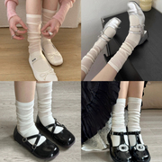 白色半透小腿袜子女夏季薄款芭蕾风中筒袜，纯棉竖纹甜美长筒堆堆袜