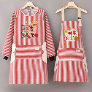 棉麻长袖围裙女厨房家用做饭防2024透气可擦手罩衣成人工作服