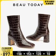 BeauToday高跟时装靴女瘦瘦靴BT中筒靴秋冬季复古真皮棕色高跟靴