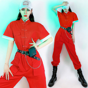 ds演出服女gogo服装中国风，红色工装连体，裤爵士舞嘻哈街舞表演服潮