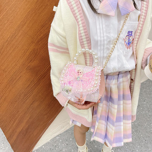 春季儿童包包女孩斜挎包时尚，小香风艾莎公主包可爱(包可爱)珍珠手提包