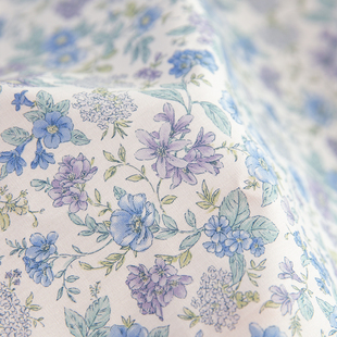 日本进口纯棉印花布田园温柔蓝色花朵衬衣连衣裙高档面料三月花