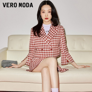 新Vero Moda西装外套套装女2024春夏翻领双排扣七分袖短款