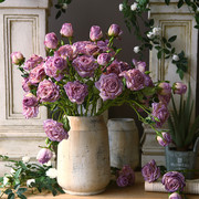 法式油画焦边仿真月季花玫瑰花假花复古客厅餐桌花装饰花插花紫色