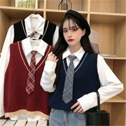 春季学院风两件套毛衣马甲针织，背心女学生韩版宽松百搭+单件衬衫