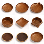 复古手工竹编筐家用圆形水果篮果盆创意中式茶点盘零食干果盘篮子