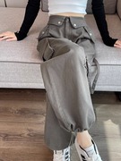美式复古工装裤女春秋设计感翻边高腰直筒，宽松阔腿裤束脚运动裤子