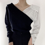 韩国chic春季小众设计感条纹，拼接撞色假两件长袖针织衫上衣女