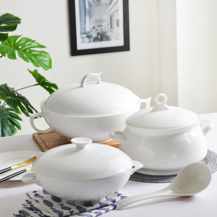 唐山家用纯白骨瓷10英寸韩式品锅陶瓷器餐具套装汤锅大汤碗