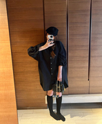 KOGIRL2024春季圆领单排扣韩国廓形显瘦中长款宽松黑色衬衣连衣裙