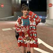 重工圣诞毛衣中长款慵懒风红色女大码圣诞节服装日系复古甜美外套