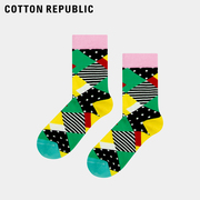 cottonrepublic棉花共和国女士，撞色几何图案提花棉质休闲中筒袜