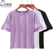 夏季韩版纯白宽松休闲圆领泡泡袖侧开叉短袖体恤上衣紫色女装