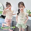 女童短袖套装高级感薄款宝宝，夏装绿色小香风洋气，时髦夏季中式短裤