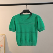 夏季绿色泡泡袖T恤冰丝圆领套头2024超薄透气小孔针织打底衫
