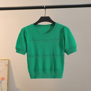 夏季绿色泡泡袖T恤冰丝圆领套头2024超薄透气小孔针织打底衫