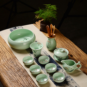 景德镇手绘青瓷茶具家用荷花功夫，陶瓷套装整套龙泉鱼茶杯泡茶茶壶