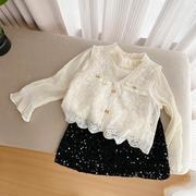 女童雪纺娃娃衫春装2024中小童，小衫马甲蕾丝，衬衫长袖衬衣套装
