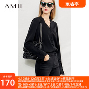 amii2024秋季v领衬衫女高级感衬衣蕾丝拼接上衣，黑色雪纺衫
