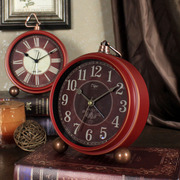 客厅桌面时钟摆件美式红色创意，闹钟复古台式钟表家用座钟卧室闹铃